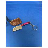 Miniature Damascus Cleaver Knife with Purple Wood Handle, Keychain Attachment, and Leather Sheath