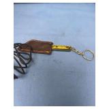 Miniature Damascus Steel Cleaver Keychain with Yellow Handle and Leather Sheath