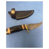 Damascus Steel Fixed Blade Knife with Horn and Wood Handle and Leather Sheath