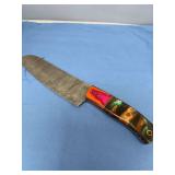 Custom Damascus Steel Kitchen Knife with Multi-Color Resin and Wood Handle