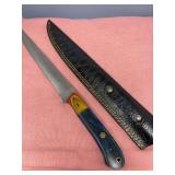 Damascus Steel Fixed Blade Knife with Multicolored Handle and Leather Sheath