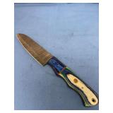 Custom Fixed Blade Knife with Damascus Steel and Multicolored Wooden Handle