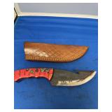Custom Rasp Hunting Knife with Red and Black Wood Handle and Leather Sheath