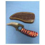 Custom Fixed Blade Karambit Style Knife with Multicolor Handle and Leather Sheath