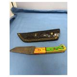 Custom Damascus Fixed Blade Knife with Multi-Colored Wood Handle and Leather Sheath