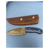 Custom Damascus Fixed Blade Knife with Blue Wood Handle and Leather Sheath