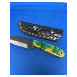 Custom File Knife with Swirled Resin Handle and Leather Sheath