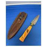 Custom Damascus Fixed Blade Knife with Swirl Handle and Leather Sheath