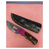 Custom Damascus Steel Fixed Blade Knife with Multicolored Handle and Leather Sheath