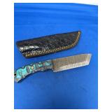 Damascus Steel Fixed Blade Knife with Teal and Black Handle and Leather Sheath