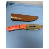 Custom Damascus Fixed Blade Knife with Cutout and Leather Sheath