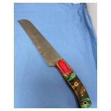 Custom Serrated Bread Knife with Damascus Steel Blade and Multicolored Resin Wood Handle