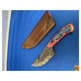 Custom Damascus Gut Hook Fixed Blade Knife with Colored Pakkawood Handle and Leather Sheath