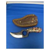 Custom Fixed Blade Knife with Multicolored Stone Inlay Handle and Leather Sheath