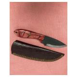 Custom File Blade Knife with Red Swirl Acrylic Handle and Leather Sheath