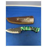 Custom Hand Forged File Knife with Marbled Green Handle and Leather Sheath