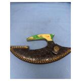 Custom Ulu Knife with Damascus Blade and Green Wooden Handle in Leather Sheath