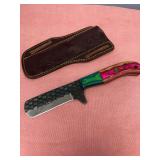 Custom Forged File Blade Knife with Multicolored Wood Handle and Leather Sheath