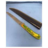 Custom Damascus Fixed Blade Knife with Green and Orange Handle and Leather Sheath