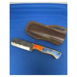 Custom Forged Utility Knife with Multi-Colored Wood Handle and Leather Sheath