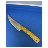 Damascus Steel Fixed Blade Knife with Yellow and Green Patterned Handle