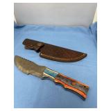 Fixed Blade Knife with Damascus Patterned Blade and Multi-Color Wood Handle in Leather Sheath