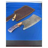 Damascus Steel Kitchen Cleaver with Multicolored Wooden Handle and Leather Sheath