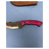 Custom Fixed Blade Knife with Gut Hook, Textured Blade, Pink and Blue Handle, and Leather Sheath