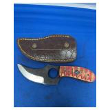Custom Karambit Knife with Red and Blonde Wood Handle and Leather Sheath