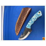 Custom File Blade Gut Hook Knife with Blue Speckled Resin Handle and Leather Sheath