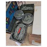 Assorted Hardware Lot Featuring Hex Head Bolts, Buckets, and Storage Bins