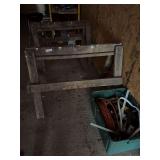 Wooden Workhorses and Metal Scaffold Frame with Assorted Shop Supplies