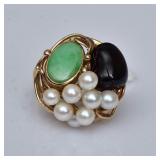 14k Gold Jade, Pearl and Onyx Ring