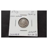 1913 10 Cents Small Leaves Fm Canada 92.5% Silver