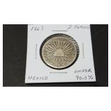 1867 2 Reales Go YF From Mexico 90.3% Silver
