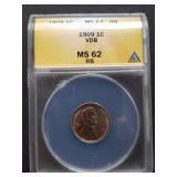1909 VDB Lincoln Cent  ANACS MS62 RD Semi-Key Date