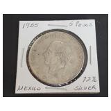 1955 5 Pesos Hidalgo 72% Silver From Mexico