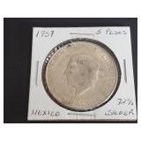 1957 5 Pesos Hidalgo 72% Silver From Mexico