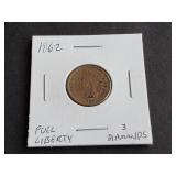 1862 Indian Head Cent Full Liberty 3 Diamonds