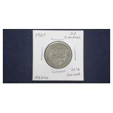 1921 50 Centavos 72% Silver From Mexico