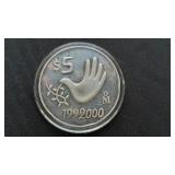 2000 5 Pesos Dove as Hand of Peace 1 Oz 999 Silver