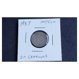 1937 20 Centavos from Mexico 72% Silver