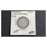 1938 A 2 Reichsmark Swastika Germany 62.5% Silver