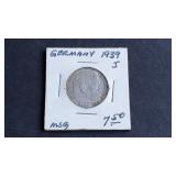 1939 J 2 Reichsmark Swastika Germany 62.5% Silver