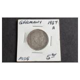 1937 A 2 Reichsmark Swastika Germany 62.5% Silver