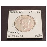 1934 5 Francs From Belgium High Grade Key Date