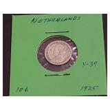 1925 10 Cents From The Netherlands 64% Silver