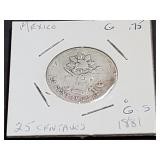 1881 Go S 25 Centavo Guanajuato Mexico .903 Silver