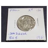 1951 50 Centavos From Mexico 30% Silver