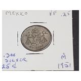 1951 25 Centavos From Mexico 30% Silver